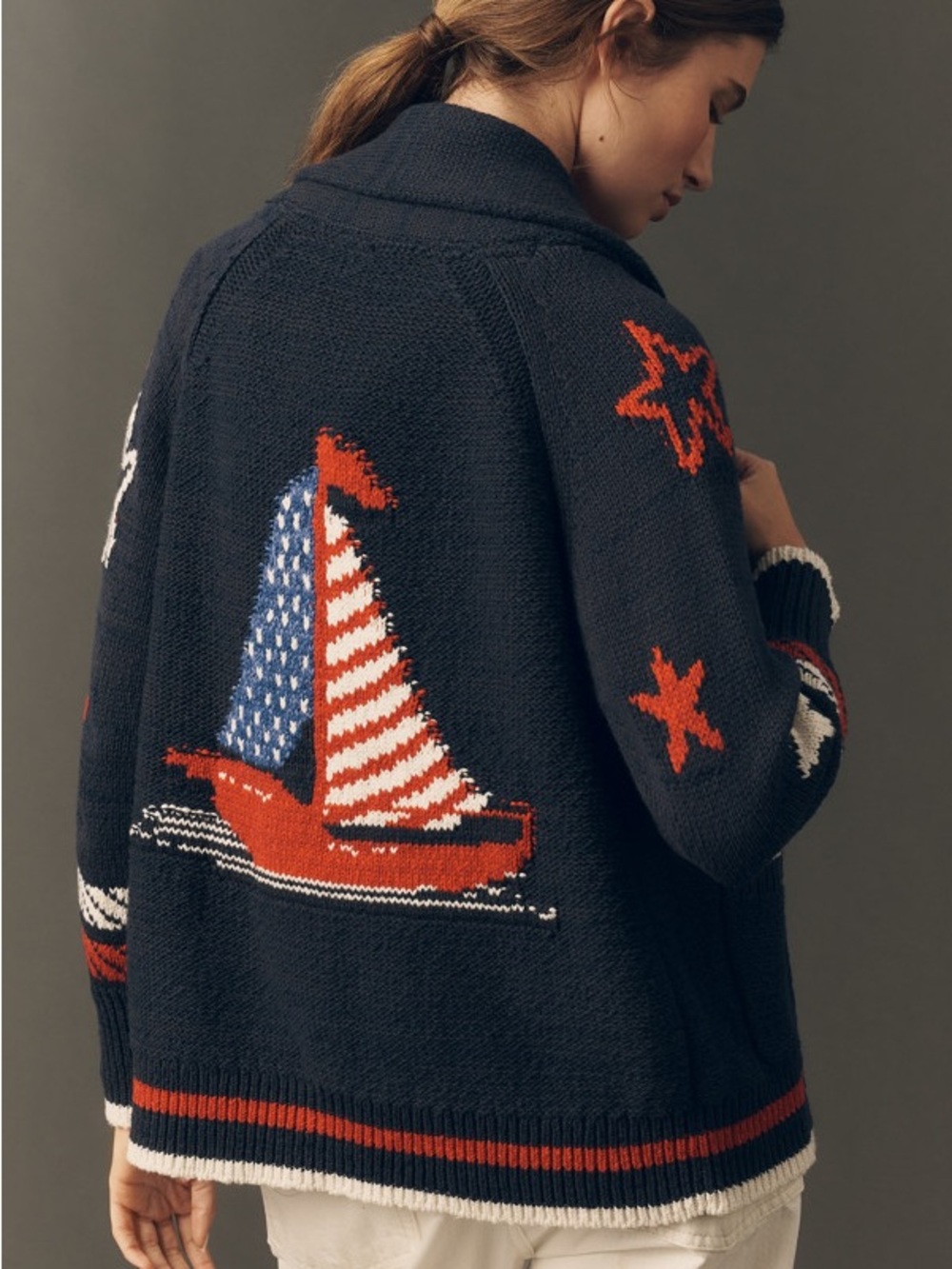 Anthropologie Maeve Sailboat Knit Cardigan in Navy Blue